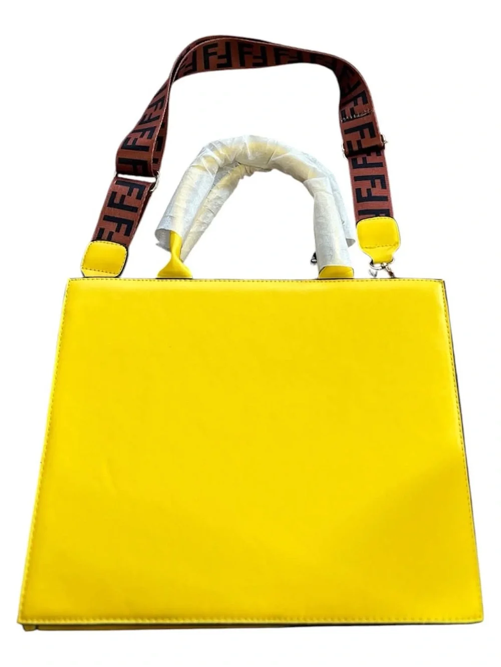 Fendi Yellow Roma Embossed Tote with Brown Logo Strap